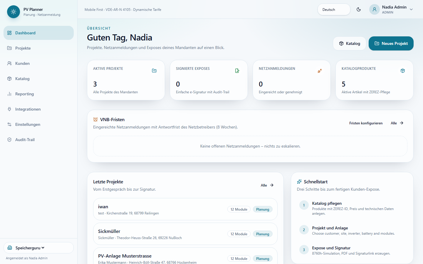Dashboard nach dem Login